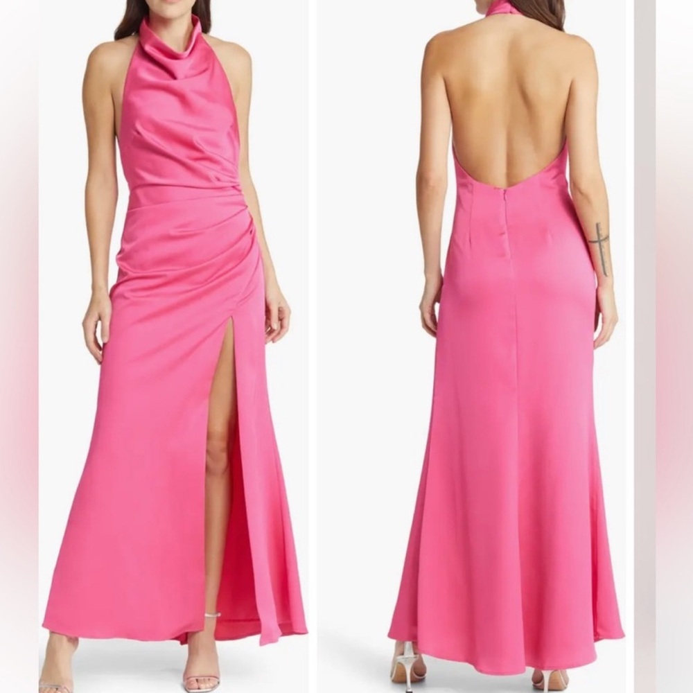 Misha Hot Barbie Pink Cowl Halter Neck Clover Gown Size 4